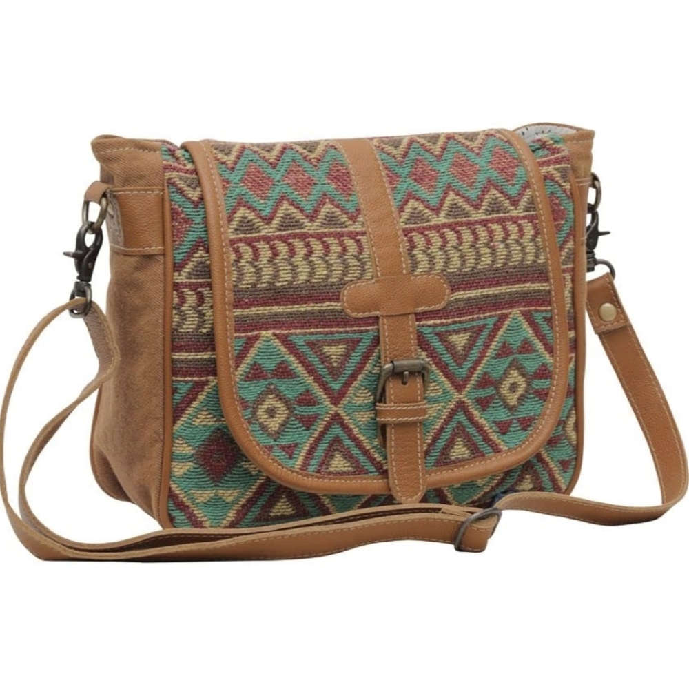 Myra Bag Western Leather Shoulder Canvas Crossbody Electric Ice Turquoise Brown - Picture 2 of 16